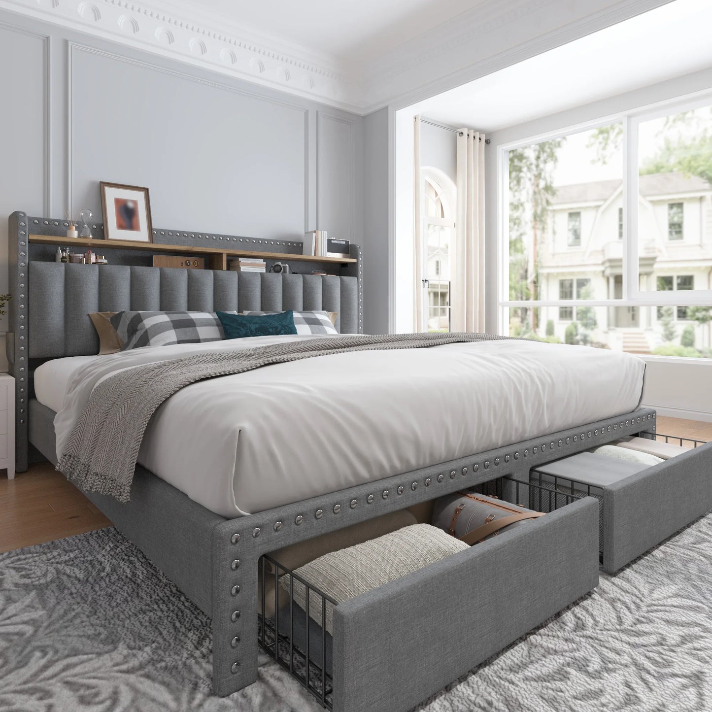Upholstered Platform Bed Frame with 2-Tier Storage Headboard & 2 Drawers – No Box Spring Needed