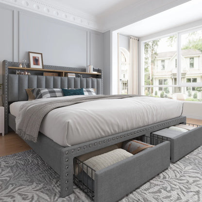 Upholstered Platform Bed Frame with 2-Tier Storage Headboard & 2 Drawers – No Box Spring Needed