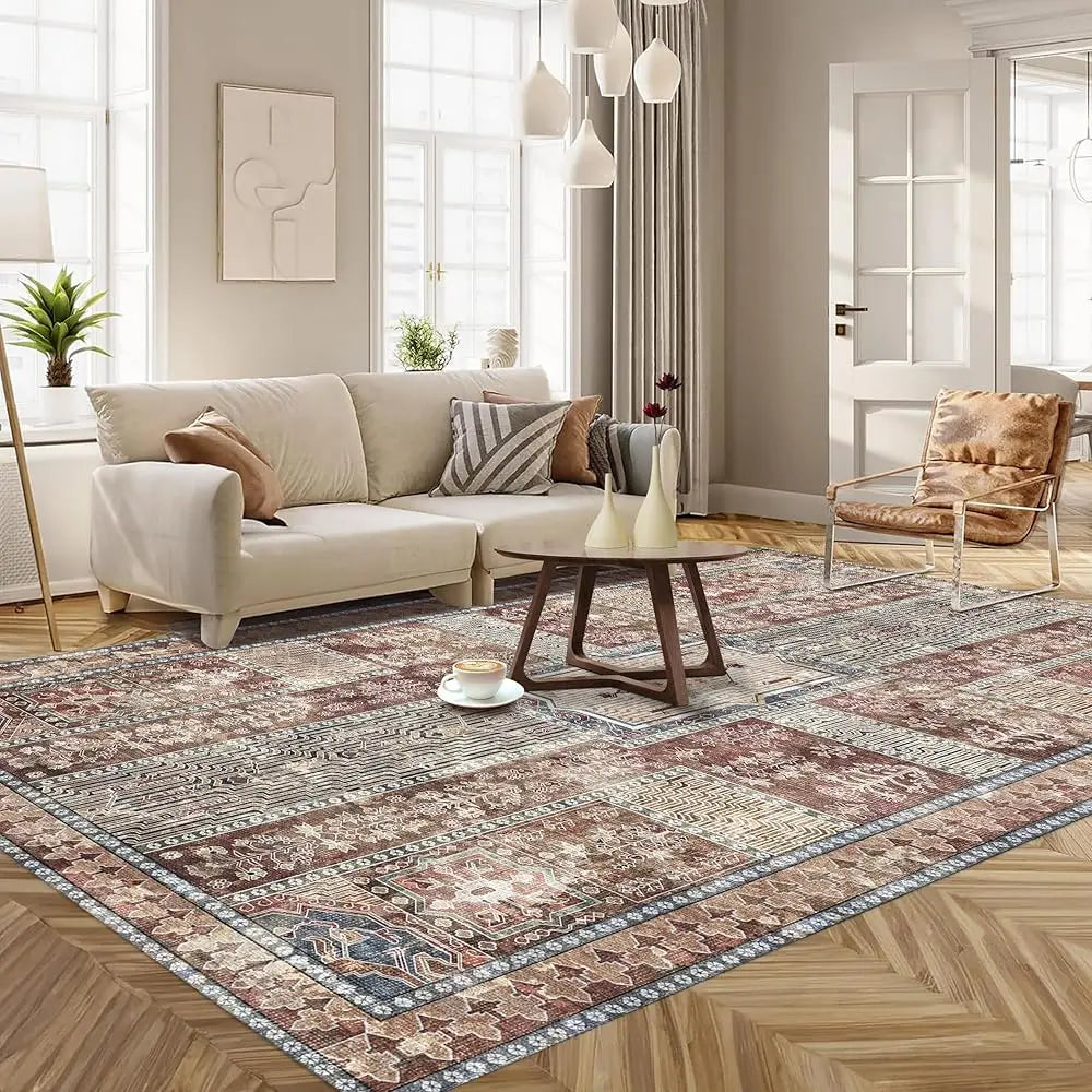 Vintage Washable Area Rug 9x12 – Retro Rust Design, Non-Slip, Lightweight for Living Room & Bedroom