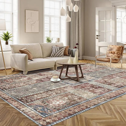 Vintage Washable Area Rug 9x12 – Retro Rust Design, Non-Slip, Lightweight for Living Room & Bedroom