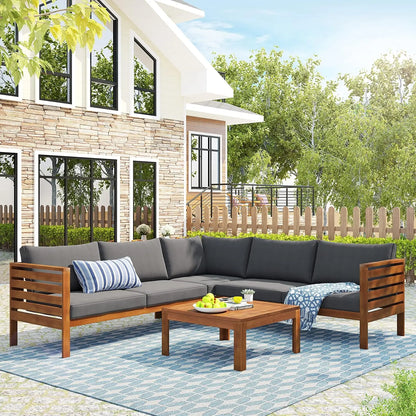 6-Piece Modern Outdoor Sectional Sofa Set with Round Nesting Coffee Tables – All-Weather Rattan & Acacia Wood