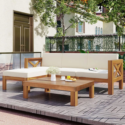 6-Piece Modern Outdoor Sectional Sofa Set with Round Nesting Coffee Tables – All-Weather Rattan & Acacia Wood