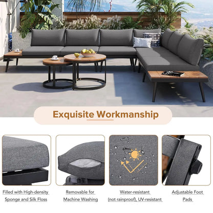 6-Piece Modern Outdoor Sectional Sofa Set with Round Nesting Coffee Tables – All-Weather Rattan & Acacia Wood