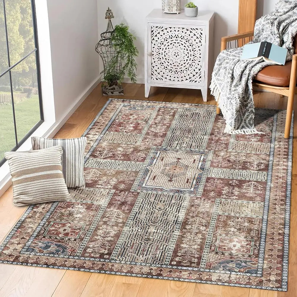 Vintage Washable Area Rug 9x12 – Retro Rust Design, Non-Slip, Lightweight for Living Room & Bedroom