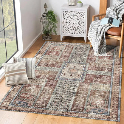 Vintage Washable Area Rug 9x12 – Retro Rust Design, Non-Slip, Lightweight for Living Room & Bedroom