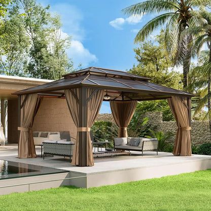 12x16 Hardtop Gazebo with Curtains & Mosquito Netting | Aluminum Frame, Polycarbonate Double Roof