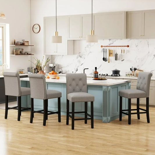 Bar Stools Set of 4 | 24" Counter Height Upholstered Fabric Barstools with Wood Legs