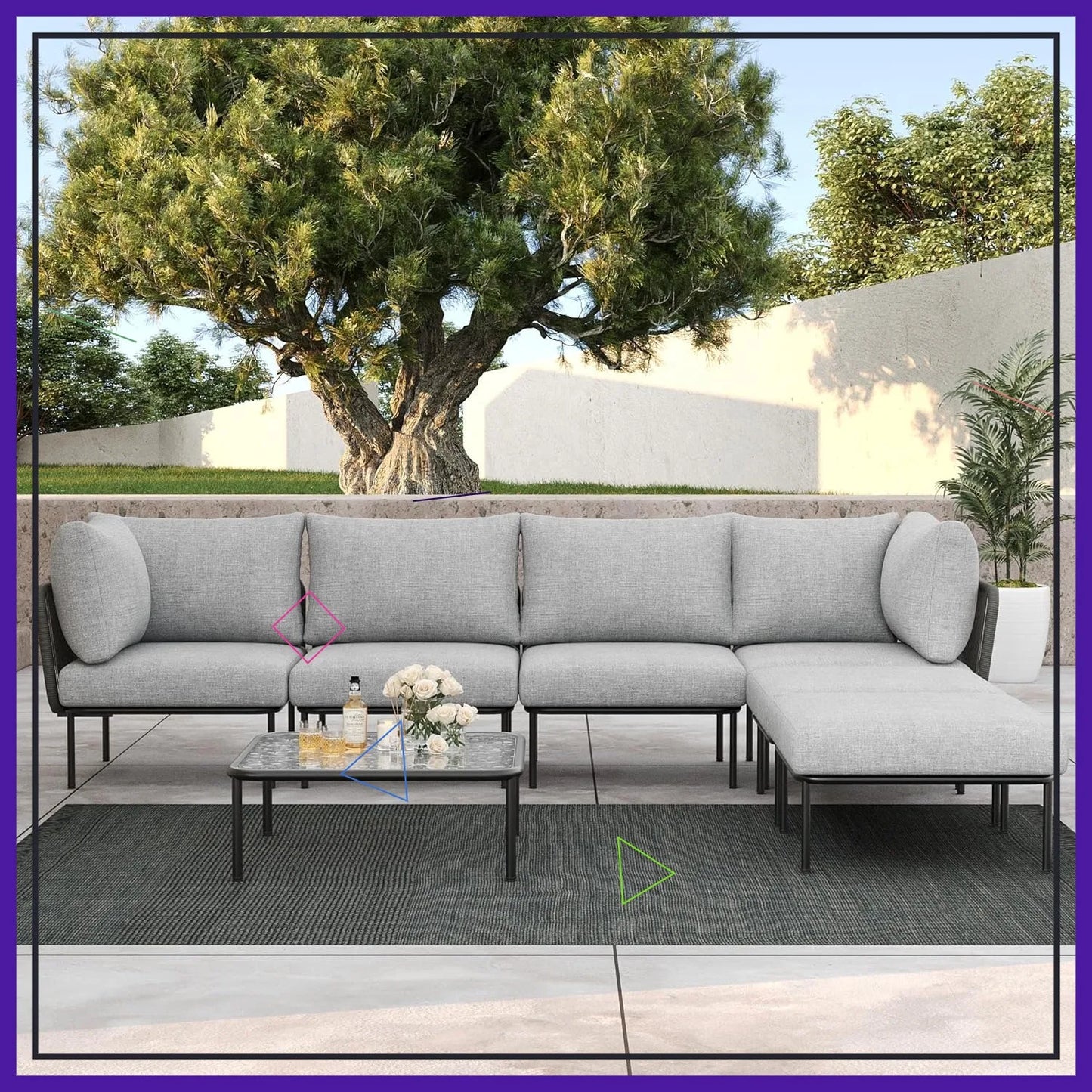 7-Piece Aluminum Modular Patio Sectional Set with Tempered Glass Coffee Table & Thick Cushions