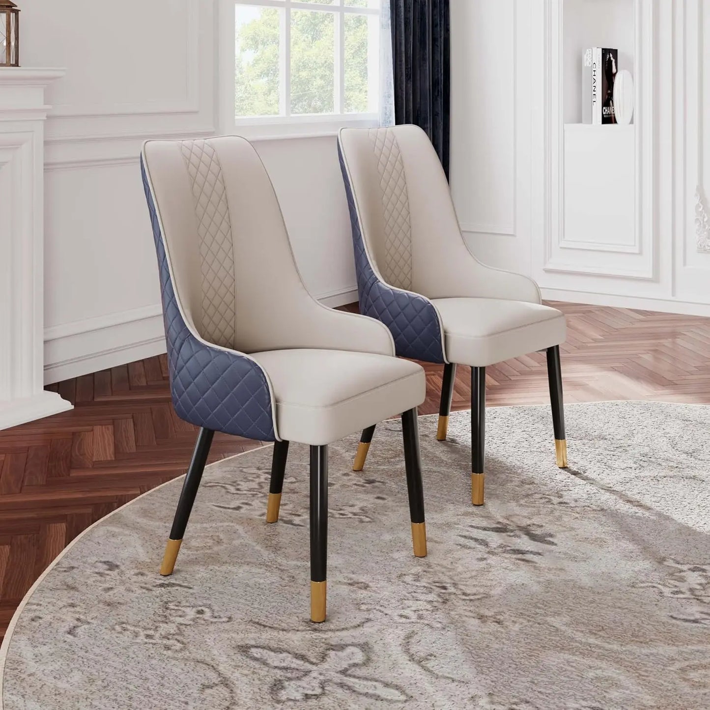Diamond-Stitched Dining Chairs Set of 2 | 38" High Back, Faux Leather & Metal Legs