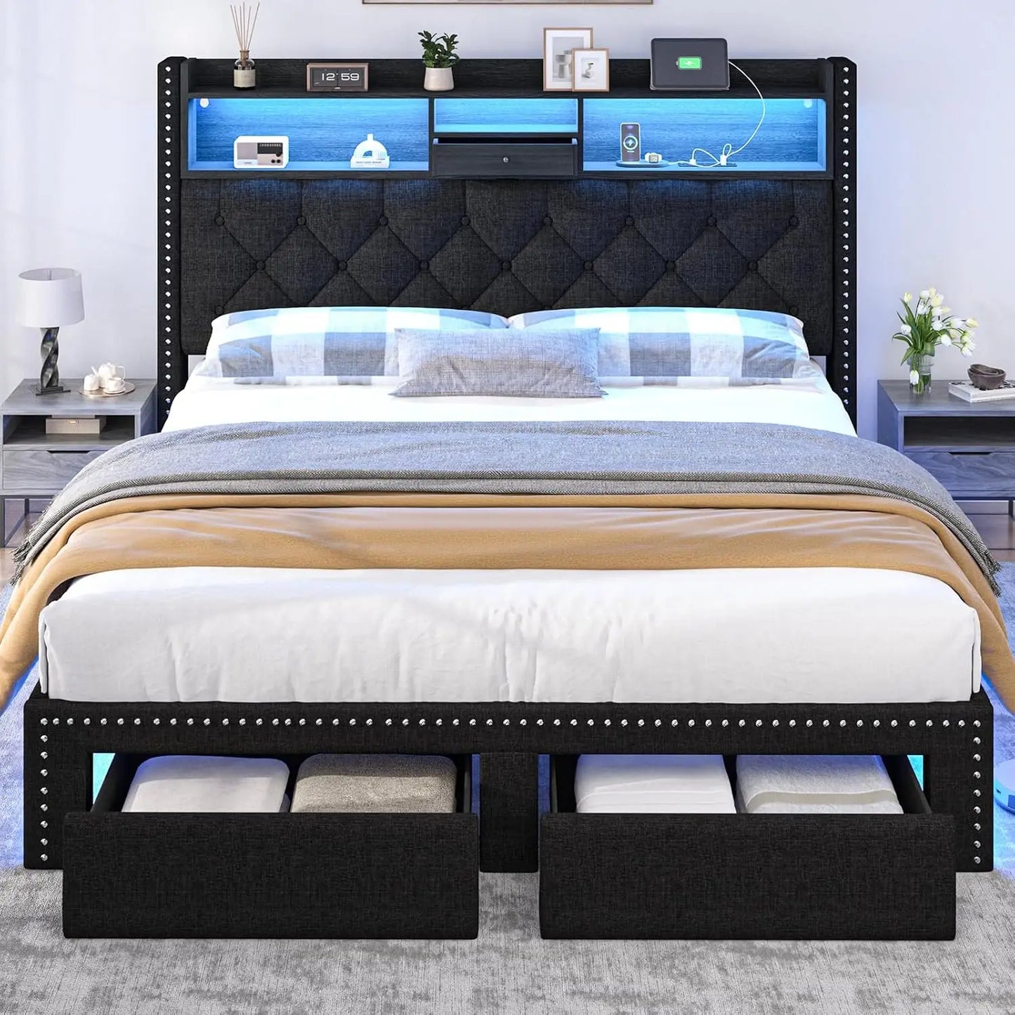 Linen Upholstered Platform Bed Frame with LED Lights, Charging Station & Storage Drawers – Full/Queen