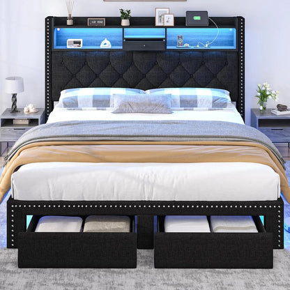 Linen Upholstered Platform Bed Frame with LED Lights, Charging Station & Storage Drawers – Full/Queen